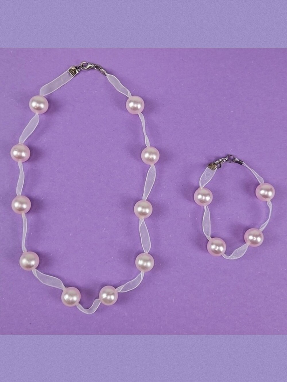 Vintage 80s Pink Pearl Organza Ribbon Choker Necklace & Bracelet Set Coquette